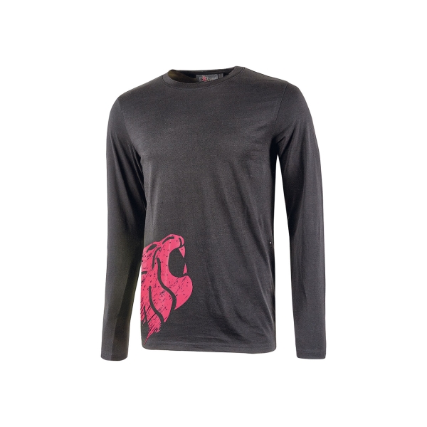 Upower Alien Camiseta de Manga Larga de Algodon - Talla M - Corte Ajustado, Cuello Redondo Acanalado, Impresion Serigrafica Cabeza de Leon, Proteccion DPI1 - Color Gris Fucsia