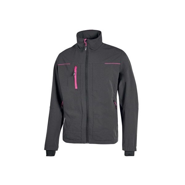 Upower Pluton Lady Chaqueta de Tela Resistente - Talla M - Suave, Repelente al Agua, Transpirable, Secado Rapido, Multiples Bolsillos, Capuchon Retractil, Puños a Prueba de Viento, Proteccion DPI1 - Color Gris Fucsia