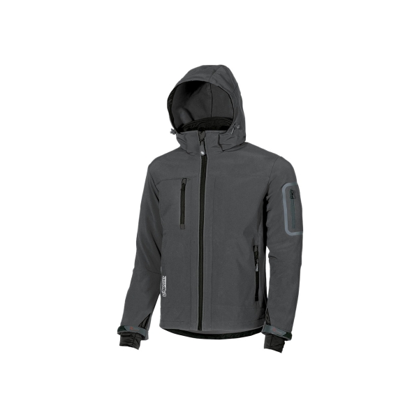 Upower Metropolis Soft Shell de Trabajo - Talla L - Tejido Elastico Cortavientos, Transpirable, Resistente al Agua, Capucha Desmontable, Mangas Preformadas, Proteccion DPI1 - Color Gris Meteorito