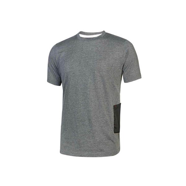 Upower Road Camiseta de Manga Corta en Polycotton Jersey - Talla L - Slim-Fit, Cuello Acanalado Elastico, Bolsillo para Celular, Cinta Reflex en Manga, Proteccion DPI1 - Color Gris Meteorito