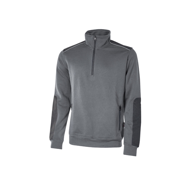 Upower Cushy Sudadera Cepillada con Media Cremallera - Talla 4XL - Cuello Alto, Bolsillos con Cremallera, Refuerzos Antidesgaste, Detalles Reflectantes, Proteccion DPI1 - Color Gris Meteorito
