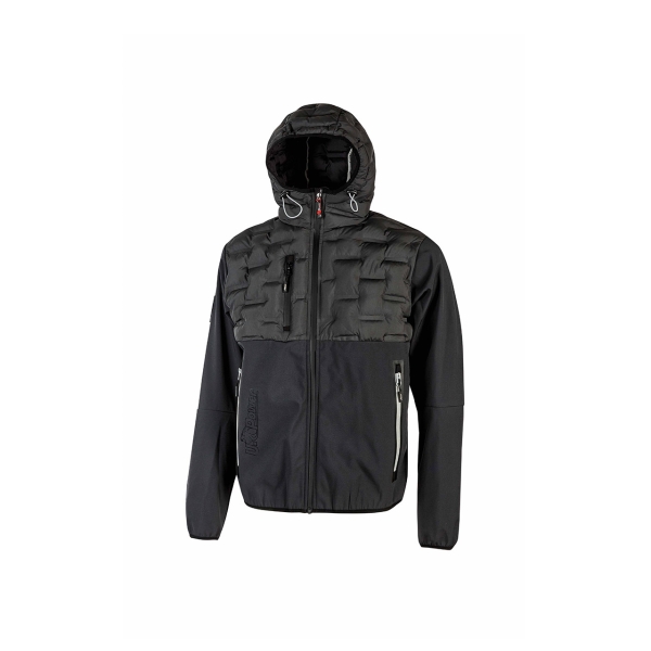 Upower Spock Chaqueta Hibrida Transpirable y Antiviento - Talla 4XL - Cierre Impermeable, Capucha Ajustable, Plumon Acolchado sin Costuras, Bolsillos Fluorescentes, Proteccion DPI1 - Color Gris Meteorito