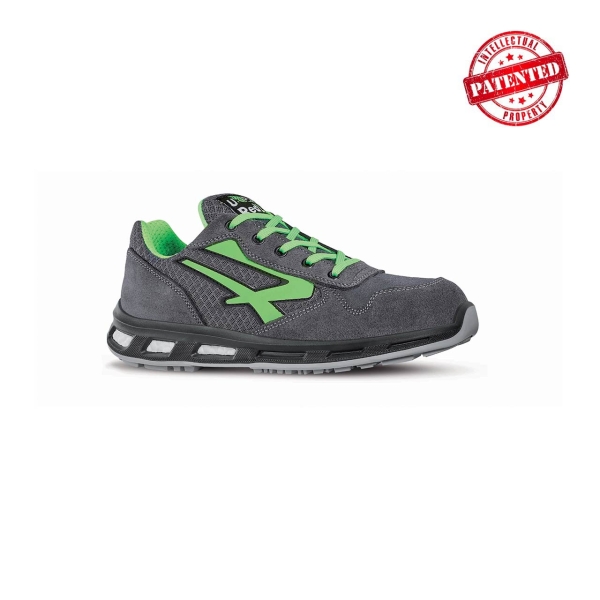 Upower Point S ESD Calzado de Seguridad Bajos - Talla 47 - Parte Superior de Nailon Ultraflexible y Gamuza Suave, Puntera de Aluminio, Antiarrugas, Antideslizante, Suela de Poliuretano, Proteccion S1PS FO SR - Color Gris Oscuro/Verde