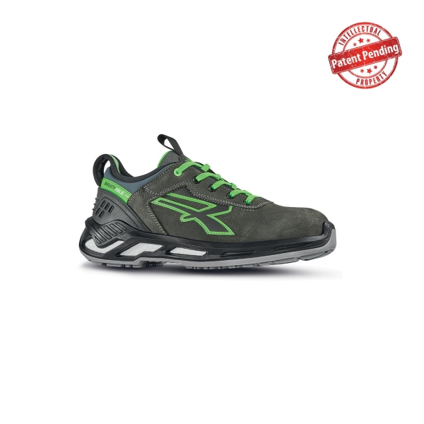 Upower Naos S ESD Calzado de Seguridad Bajos - Talla 42 - Piel Nobuck Hidrorepelente, Collarin Lycra, Escudo Anti-Impactos, Puntera Aluminio, Antideslizante, Proteccion S3S CI FO SR - Color Gris Oscuro/Verde