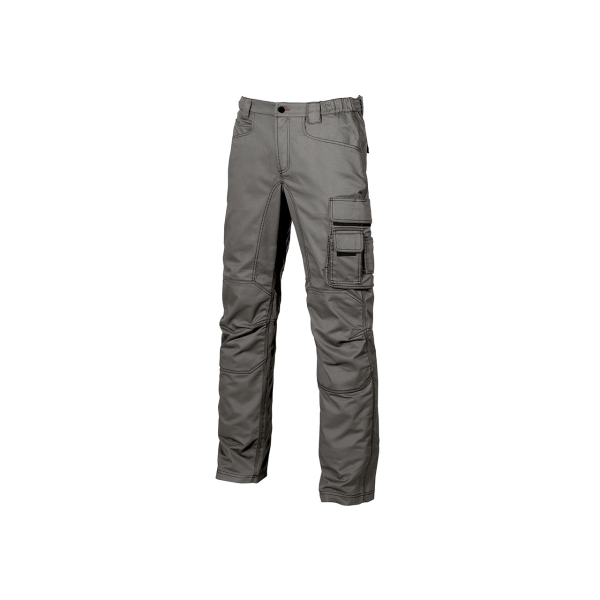 Upower Smile Pantalones de Trabajo en Algodon Elastico - Talla 64 - Multiples Bolsillos, Cierre Cremallera y Boton Resistente, Refuerzos en Rodillas, Ajuste Slim Fit, Proteccion DPI1 - Color Gris Piedra