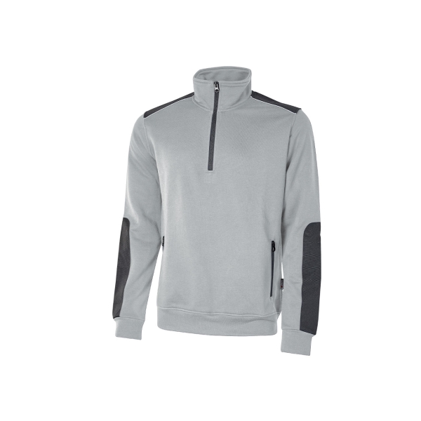 Upower Cushy Sudadera Cepillada con Media Cremallera - Talla 5XL - Cuello Alto, Bolsillos Laterales con Cremallera, Refuerzos Antidesgaste, Insertos Reflectantes, Cinta Reflectante Posterior - Color Gris Plateado
