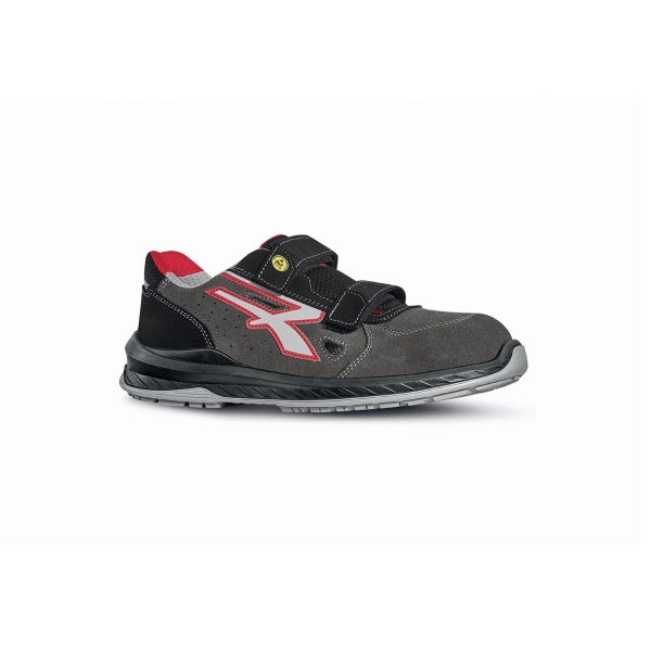 Upower Oslo S ESD Calzado de Seguridad sin Cordones - Talla 47 - Gamuza Suave, Cierre Velcro, Puntera Airtoe Composite, Antiperforacion, Suela Antideslizante, Clase S1PS FO SR - Color Gris/Rojo