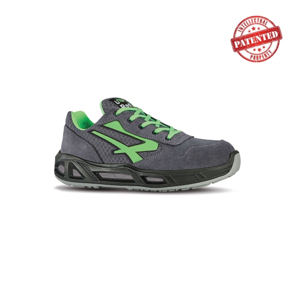 Upower Point Carpet S ESD Calzado de Seguridad Bajos - Talla 43 - Parte Superior de Nailon Ultraflexible y Gamuza Suave, Puntera de Aluminio, Antiarrugas, Antideslizante, Proteccion S1PS FO SR - Color Gris/Verde