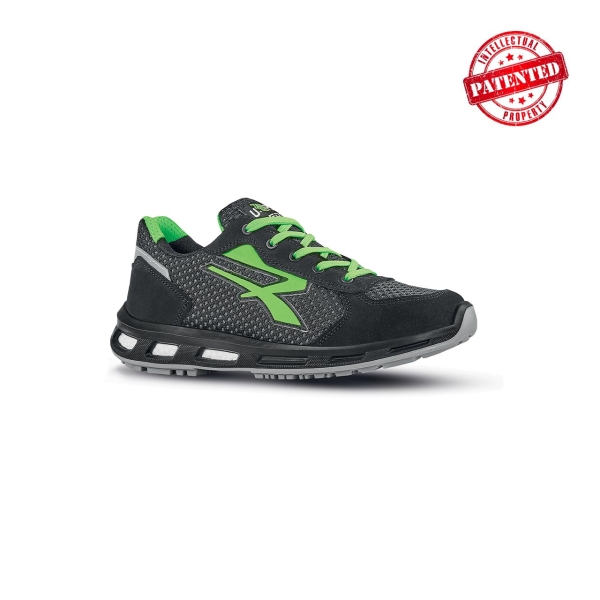 Upower Nate O ESD Calzado de Seguridad Bajos - Talla 44 - Parte Superior de Nailon Ultraflexible y Gamuza Suave, Antiarrugas, Antideslizante, Suela de Poliuretano, Proteccion 01 FO SR - Color Gris/Verde