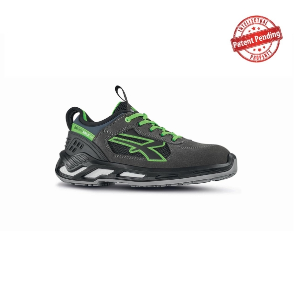 Upower Negan S ESD Calzado de Seguridad Bajos - Talla 48 - Nailon Ultraflexible, Gamuza Suave, Collarin Lycra, Escudo Anti-Impactos, Puntera Aluminio, Suela Antideslizante, Proteccion S1PS FO SR - Color Gris/Verde