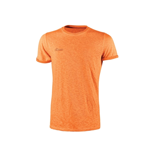Upower Fluo Camiseta de Manga Corta - Talla M - Algodon Flameado, Tejido Slub Cotton, Transpirable, Ajuste Slim-Fit, Cuello Redondo Acanalado, Logotipo Bordado - Color Naranja Fluorescente