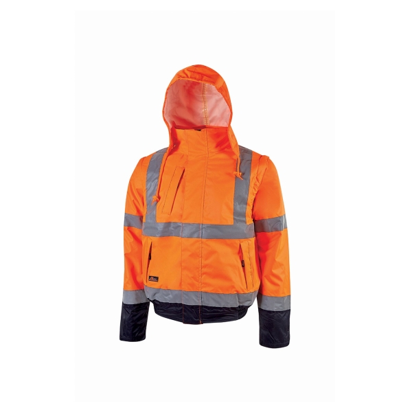 Upower Crafty Cazadora Bomber Alta Visibilidad - Talla 4XL - Mangas Separables, Bandas Reflectantes, Antilluvia, Transpirable, Impermeable, Multiples Bolsillos, Capucha Plegable, Proteccion DPI3 - Color Naranja Fluorescente