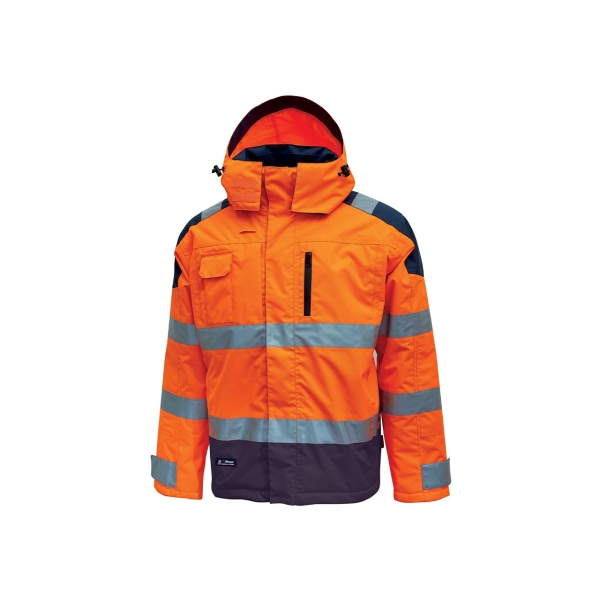 Upower Defender Parka Anti-Lluvia Impermeable y Transpirable - Talla M - Rayas Reflectantes, Multiples Bolsillos Espaciosos, Capucha Ajustable y Desmontable, Proteccion DPI3 - Color Naranja Fluorescente