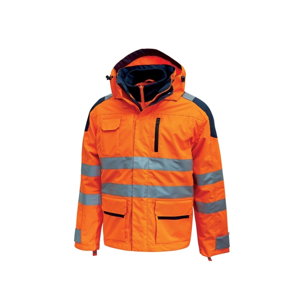 Upower Backer Parka Impermeable y Transpirable - Talla L - Detalles Reflectantes, Multiples Bolsillos Practicos, Capucha Ajustable y Desmontable, Interior Termico, Proteccion DPI3 - Color Naranja Fluorescente