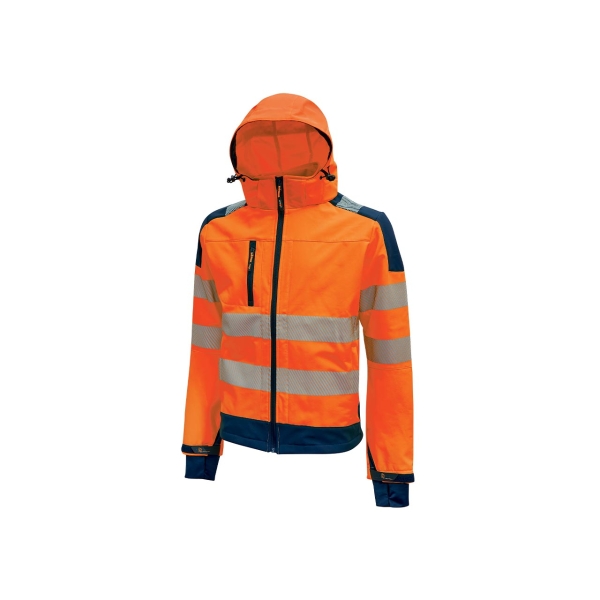 Upower Miky Chaqueta Softshell - Talla L - Transpirable, Elastica, Cortaviento, Repelente al Agua, Capucha Desmontable, Bolsillos con Cremallera, Detalles Reflectantes, Proteccion DPI2 - Color Naranja Fluorescente