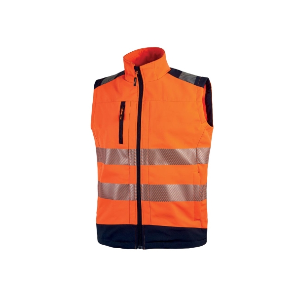 Upower Dany Chaleco Soft Shell Tejido Elastico Transpirable - Talla 4XL - Impermeable, Bolsillo Pecho Cremallera, Cordon Antienredo, Corte Ajustado, Bandas Reflex, Proteccion DPI2 - Color Naranja Fluorescente