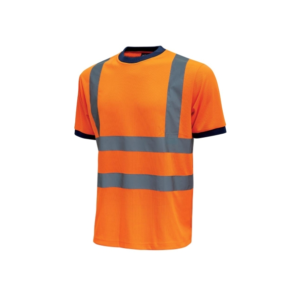 Upower Glitter Camiseta con Rayas Reflectantes - Talla L - Cuello y Mangas Elasticas, Banda para el Sudor, Alta Transpirabilidad, Proteccion DPI2, Maximo 50 Lavados - Color Naranja Fluorescente
