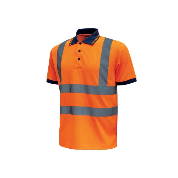 Upower Neon Polo de Manga Corta con Rayas Reflectantes - Talla L - Cuello Tres Botones, Banda para el Sudor, Ventilaciones Laterales, Proteccion DPI2, Comodidad y Durabilidad - Color Naranja Fluorescente
