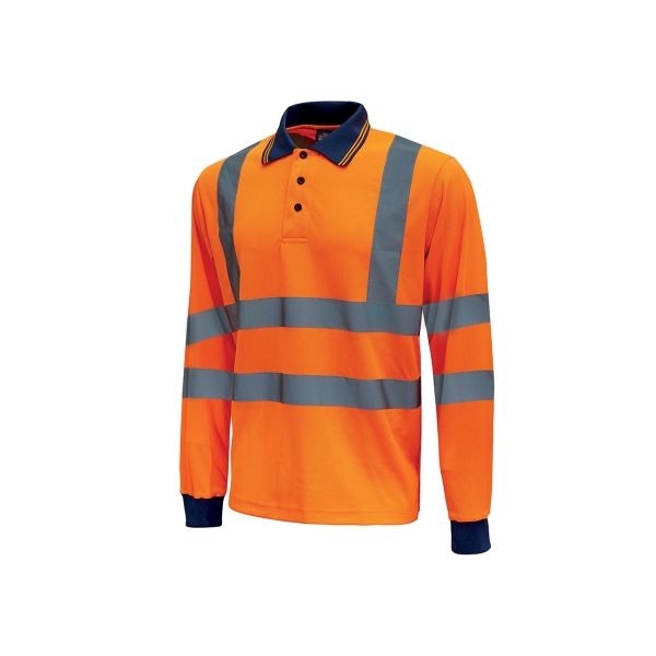 Upower Shine Polo de Manga Larga con Detalles Reflectantes - Talla M - Cuello Cerrado, Ventilaciones Laterales, Banda para el Sudor, Tela Transpirable, Proteccion DPI3 - Color Naranja Fluorescente