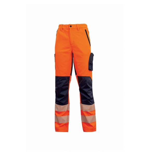Upower Roy Pantalones Alta Visibilidad Elasticos - Talla 2XL - Tejido Stretch, Multiples Bolsillos con Cierre Zip, Cintura Elastica, Rodillas Preformadas, Proteccion DPI2 - Color Naranja Fluorescente