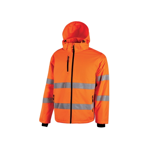 Upower Imai Chaqueta Acolchada de Trabajo - Talla 2XL - Tejido Repelente al Agua, Bandas Reflectantes, Capucha Desmontable, Puños Elasticos, Amplios Bolsillos, Resistente a Lavados - Color Naranja Fluorescente