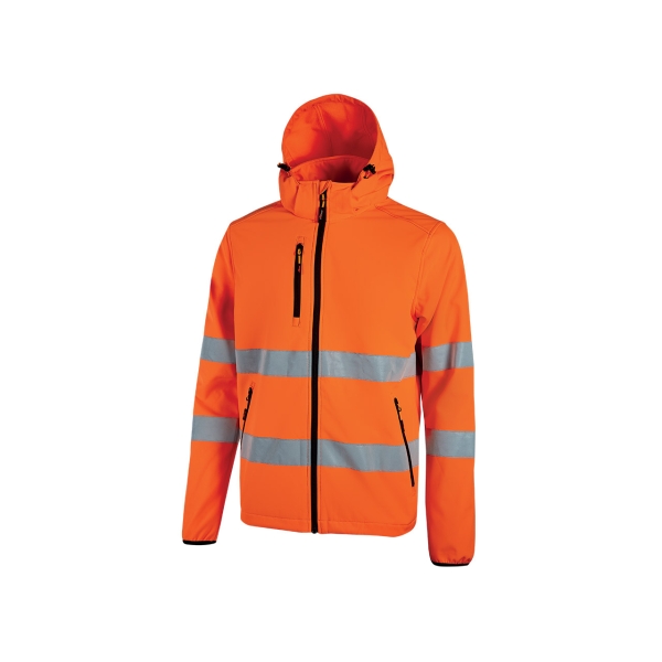 Upower Cursa Chaqueta de Trabajo Softshell Stretch - Talla 5XL - Transpirable, Cortavientos, Repelente al Agua, Bandas Reflectantes, Capucha Desmontable, Multiples Bolsillos, Puños Elasticos - Color Naranja Fluorescente