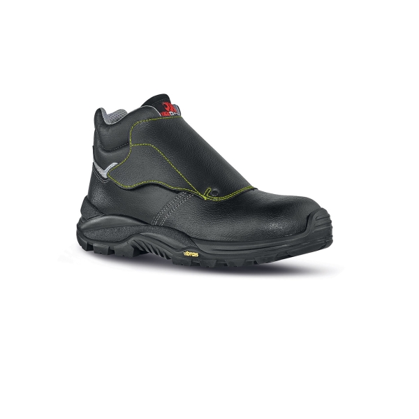 Upower Bulls L Calzado de Seguridad Altos - Talla 42 - Empeine Piel Grana Mina Hidrofugo, Puntal Composite, Hoja Acero Ergonomico, Antiperforacion, Antideslizante, Suela PU/VIBRAM, Proteccion S3 HI HRO FO SR - Color Negro