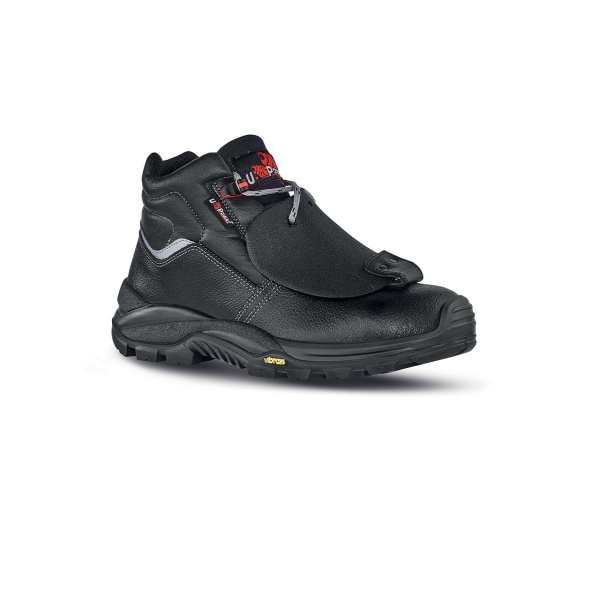 Upower Depp RS L Calzado de Seguridad Altos - Talla 47 - Empeine Piel Grana Mina Hidrofugo, Puntal Composite, Proteccion Metatarsiana, Antiperforacion, Antideslizante, Suela PU/VIBRAM, Clase S3 M CI HI HRO FO SR - Color Negro