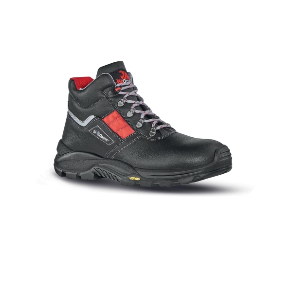 Upower Gravel S RS Calzado de Seguridad Botines - Talla 46 - Empeine Piel Flor Grana Mina, Hidrofugo, Puntal Composite, Antiperforacion, Suela Antideslizante PU/VIBRAM, Proteccion S3S CI HI HRO FO SR - Color Negro