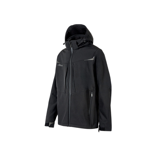 Upower Verve Chaqueta Tecnica Softshell - Talla 2XL - Interior Micro-Fleece con Grafeno, Capucha Desmontable, Repelente al Agua, Detalles Reflectantes, Multiples Bolsillos con Cremallera - Color Negro