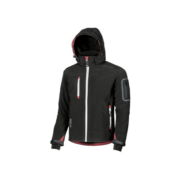 Upower Metropolis Soft Shell de Trabajo - Talla 2XL - Tejido Elastico Cortavientos Transpirable, Resistente al Agua, Capucha Desmontable, Multiples Bolsillos, Proteccion DPI1 - Color Negro Carbon