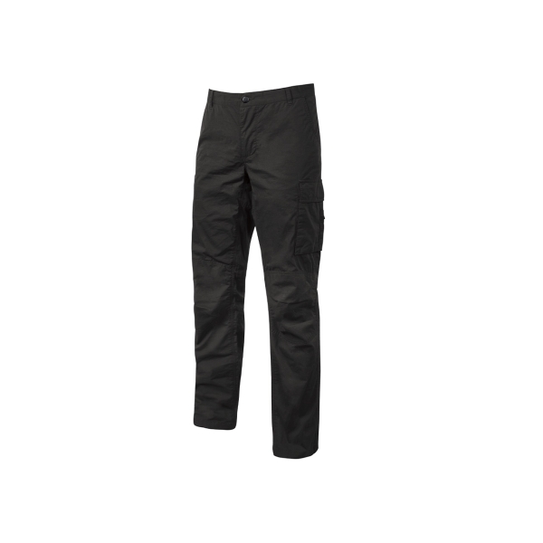 Upower Ocean Pantalon de Trabajo en Algodon Elastico - Talla 3XL - Multiples Bolsillos, Cierre con Cremallera, Refuerzo en Rodillas, Cinta Reflex, Ajuste Slim Fit, Proteccion DPI1 - Color Negro Carbon