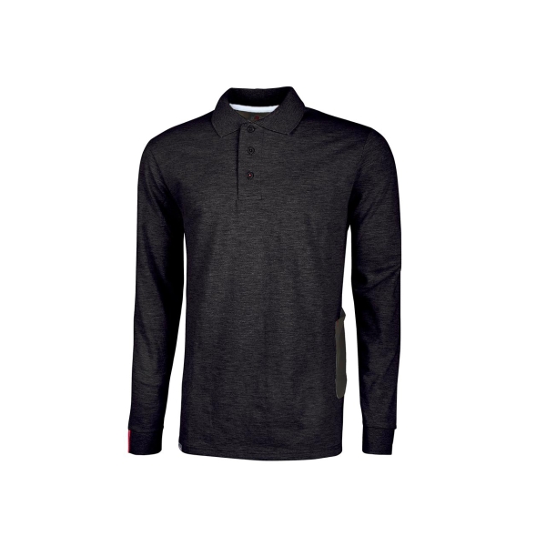 Upower Live Polo de Manga Larga - Talla M - Algodon Pique, Corte Ajustado, Bolsillo con Tachuela Barra Roja, Cinta Reflex, Proteccion DPI1 - Color Negro Carbon