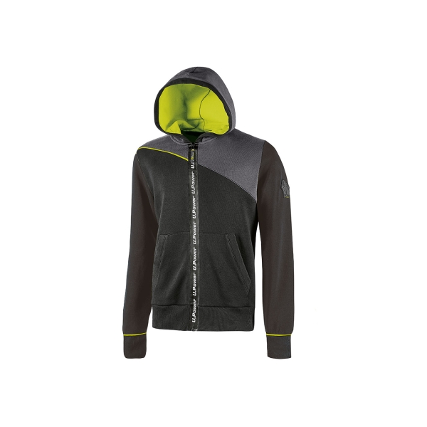 Upower Jupiter Sudadera de Trabajo - Talla 2XL - Cremallera Impermeable, Capucha Ajustable, Bolsillos Practicos, Piping Fluo Elastico, Puños Elasticos, Proteccion DPI1 - Color Negro Carbon