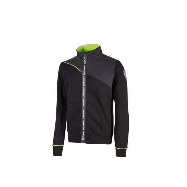 Upower Uranus Sudadera sin Capucha con Cremallera Central - Talla 4XL - a Prueba de Agua, Puños y Fondo Acanalado Elastico, Insertos en Piping Fluo, Proteccion DPI1 - Color Negro Carbon