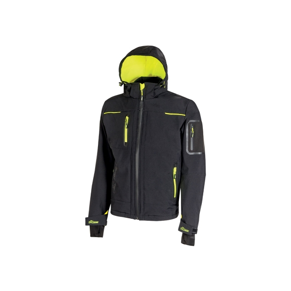 Upower Space Chaqueta Softshell - Talla L - Membrana U-Tex, Repelente al Agua, a Prueba de Viento, Forro Micropolar, Capucha Desmontable, Cremalleras Fluorescentes, Proteccion DPI1 - Color Negro Carbon