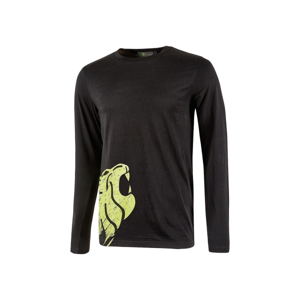 Upower Alien Camiseta de Manga Larga en Algodon - Talla 2XL - Corte Ajustado, Cuello Redondo Acanalado, Impresion Serigrafica Cabeza de Leon, Proteccion DPI1 - Color Negro Carbon