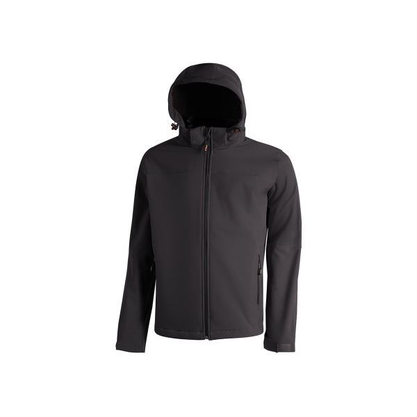 Upower Kyra Cazadora de Trabajo con Tejido Soft Shell - Talla S - Transpirable, Antiviento, Repelente al Agua, Capucha Desmontable, Mangas Preformadas, Elementos Reflectantes - Color Negro Carbon
