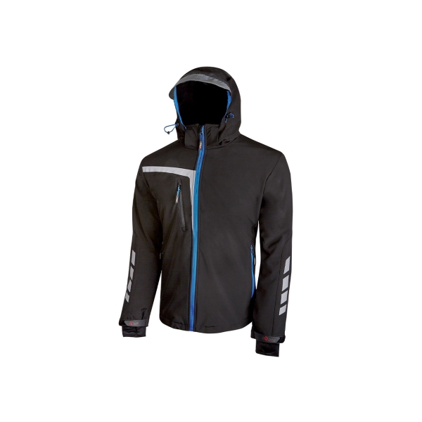 Upower Quick Chaqueta Soft Shell - Talla 4XL - Tejido Elastico Cortavientos, Transpirable y Repelente al Agua, Bolsillo Impermeable con Free Sound, Detalles Reflectantes, Proteccion DPI1 - Color Negro Carbon