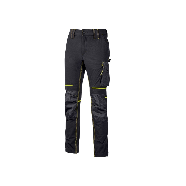 Upower Atom Pantalon de Tejido Stretch - Talla XL - Comodidad y Resistencia, Repelente al Agua, Transpirable, Secado Rapido, Bolsillos Multifuncionales, Proteccion Lumbar, Rodilleras Certificadas PPE CAT.1 - Color Negro Carbon