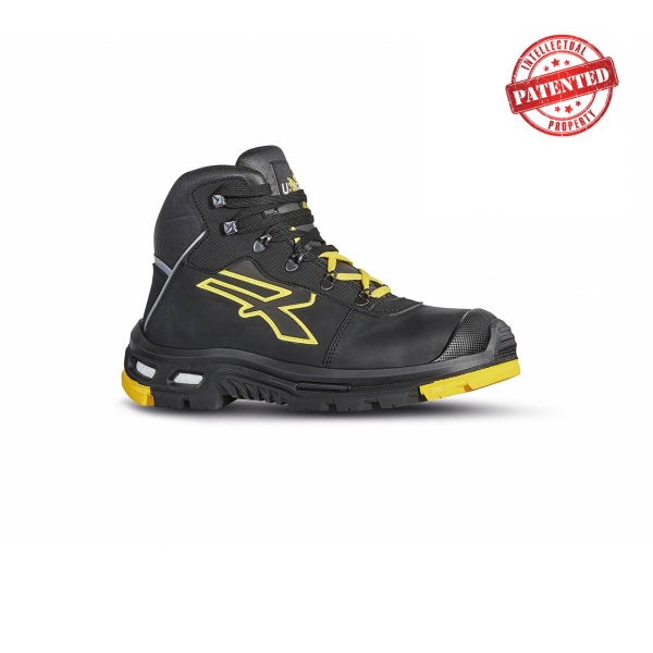 Upower Cosmo S Calzado Altos de Seguridad Laboral - Talla 43 - Piel Pull-Up Suave, Hidrofugos, Puntera Aluminio AirToe, Suela PU/Vibram, Costuras Kevlar, Proteccion S3S CI HI HRO FO SR - Color Negro/Amarlllo
