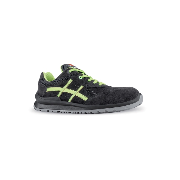 Upower Lewis S Calzado de Seguridad Bajos - Talla 44 - Empeine de Gamuza Transpirable, Puntal de Aluminio, Anti-Pinchazos, Antideslizante, Suela PU/PUTR, Proteccion S1PS FO SR - Color Negro/Verde