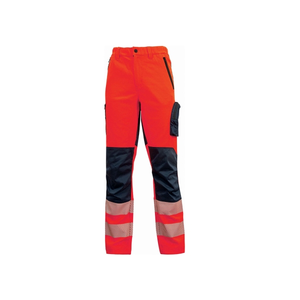 Upower Roy Pantalones de Alta Visibilidad Elasticos - Talla 2XL - Tejido Stretch, Multiples Bolsillos con Cierre Zip, Cintura Elastica, Rodillas Preformadas, Proteccion DPI2 - Color Rojo Fluorescente