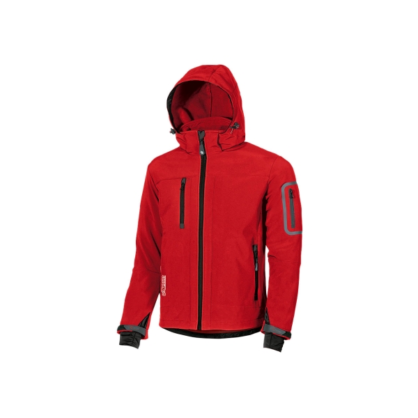 Upower Metropolis Soft Shell de Trabajo - Talla 4XL - Tejido Elastico Cortavientos, Transpirable, Resistente al Agua, Multiples Bolsillos Funcionales, Capucha Desmontable, Proteccion DPI1 - Color Rojo Magma