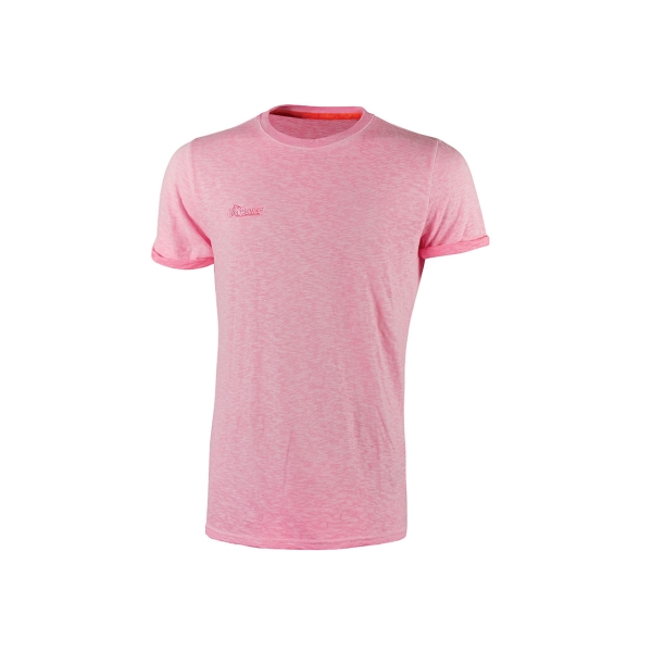 Upower Fluo Camiseta de Manga Corta - Talla L - Algodon Flameado, Tejido Slub, Transpirable, Ajuste Slim-Fit, Cuello Redondo Acanalado, Banda para el Sudor, Logotipo Bordado - Color Rosa Fluorescente