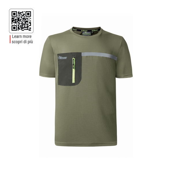 Upower Christal Camiseta Hombre con Termorregulacion Inteligente - Talla 3XL - Efecto Antimicrobiano, Detalles Reflectantes, Bolsillo con Cremallera, Proteccion DPI1 - Color Verde Oliva