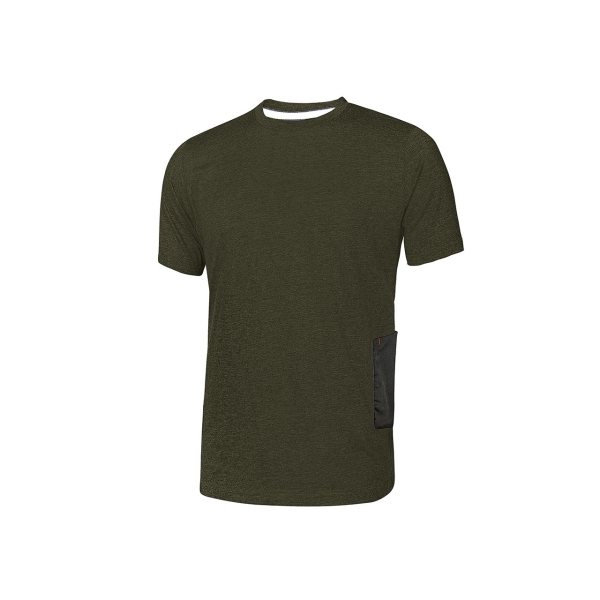 Upower Road Camiseta de Manga Corta en Polycotton Jersey - Talla L - Slim-Fit, Cuello Acanalado Elastico, Bolsillo para Celular, Cinta Reflex, Proteccion DPI1 - Color Verde Oscuro