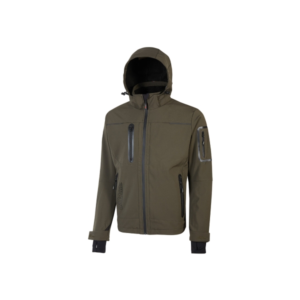 Upower Space Chaqueta Softshell Impermeable - Talla 3XL - Transpirable, a Prueba de Viento, Forro Micropolar, Capucha Desmontable, Bolsillos con Cremalleras Fluorescentes, Proteccion DPI1 - Color Verde Oscuro