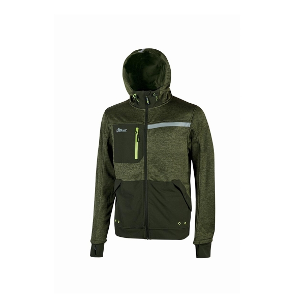 Upower Galaxy Sudadera de Trabajo con Cremallera - Talla M - Transpirable, Secado Rapido, Bolsillos con Drenaje, Capucha Ajustable, Bandas Reflectantes, Proteccion DPI1 - Color Verde Oscuro