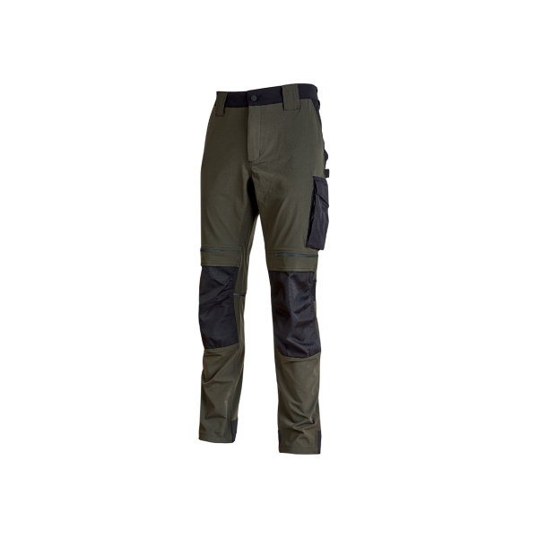 Upower Atom Pantalon de Trabajo con Tejido Stretch - Talla 2XL - Resistente y Transpirable, Repelente al Agua, Bolsillos Multifuncionales, Proteccion Lumbar, Rodilleras Certificadas - Color Verde Oscuro